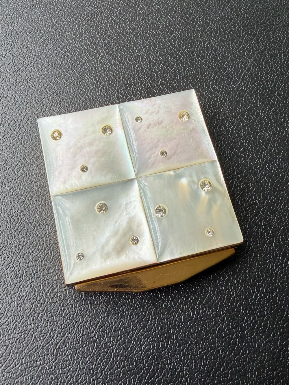 Vintage K&K Mother of Pearl Compact 1950s Rhinestone Powder Puff Makeup Brass